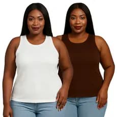 Kit 2 Regata Feminina Plus Size Canelada Gola Redonda Lisa Blusinha Básica