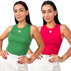 Kit 2 Regatas Feminina Canelada Lisa Gola Redonda Blusinha Básica