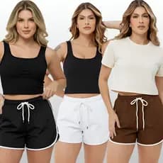 Kit 3 Shorts Femininos Tactel Soltinho Academia Praia Dia a Dia Cintura Alta Zero Transparência P M G GG