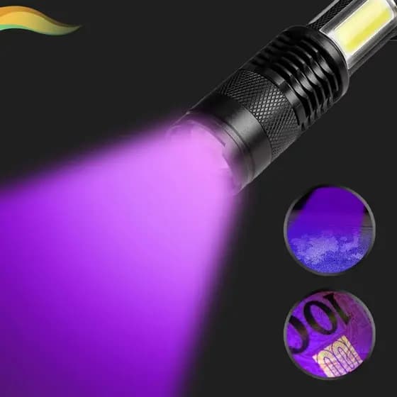 Lanterna Manual Recarregavel Luz UV Lilas  Led Cob  Ajustavel Bateria Duravel Camping