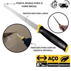 Serrote Duplo Profissional Corta Drywall Gesso Cabo Emborrachado Lâmina Dupla 6 Polegadas