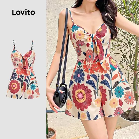Lovito Padrão de Macacão Boho Laço Frontal Macacão Feminino Primavera/Verão LK6ED145