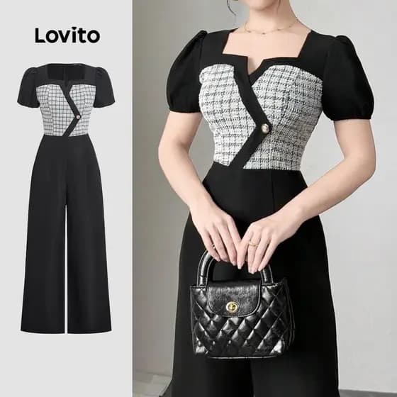 Lovito Elegante Macacão de Tecido Costura Assimétrica Botão Macacão Feminino primavera/verão L190ED310