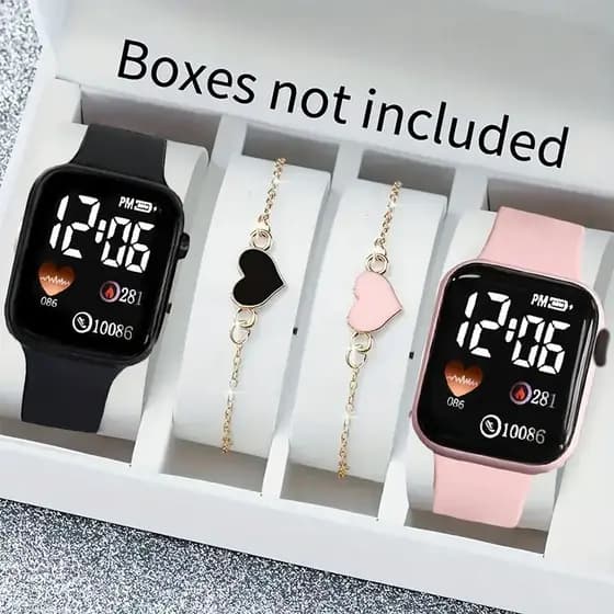 Conjunto Elegante De Relógio Digital Com 4 Pacotes Para Mulheres-Capas Quadradas , Pulseiras De Coração , Presente De Na