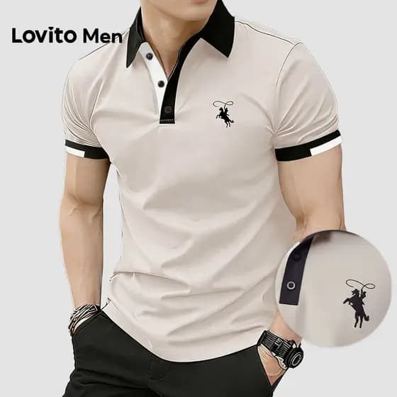 Lovito Men Camisa Polo Casual Colorida Primavera/verão Camisa Polo Cáqui para homens L187ED101