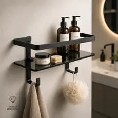 Porta Shampoo Parede Banheiro com Ganchos Porta Toalha Acessórios Premium 2 em 1 Preto Fosco 30cm