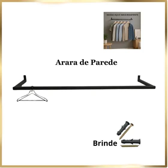Arara de Parede Organizador de Loja Casa Closet - 60cm, 80cm, 100cm e 120cm em Aço Metalon Resistente