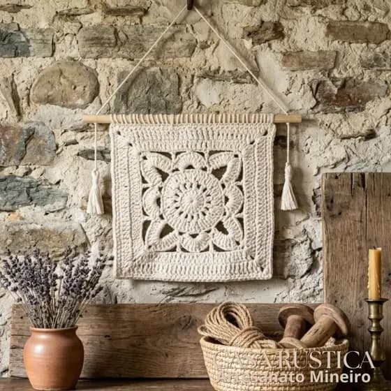 Painel de Crochê para Parede 35x24cm Boho Chic Flor de Lótus Decoração Rústica Barbante - Casa Rústica