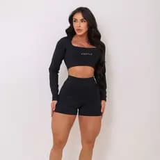 Conjunto Academia Manga Longa e Shorts Meia Coxa Conjunto Fitness Poliamida Zero Transparência Proteção UV 50+
