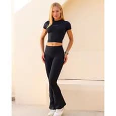 Conjunto Fitness Calça Bailarina Academia Top Baby Look Poliamida Premium Zero Transparência Calça Flare Academia