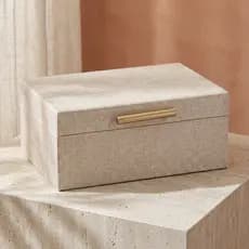 Caixa Decorativa Off White 30cm Textura Tramada Puxador Dourado Ouro Luxo Minimalista Premium