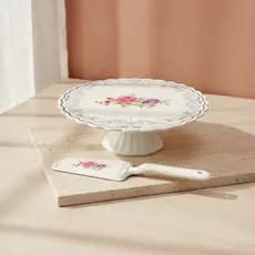 Prato para bolo Mon Cheri em Porcelana new bone china com pé e espatula D26xA9,3cm branco