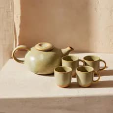 Jogo para Chá Cerâmica Serenatta Bule 500ml 4 Xícaras 100ml Bege Esmalte Reagente Japandi Conjunto Café Mesa Posta Luxo