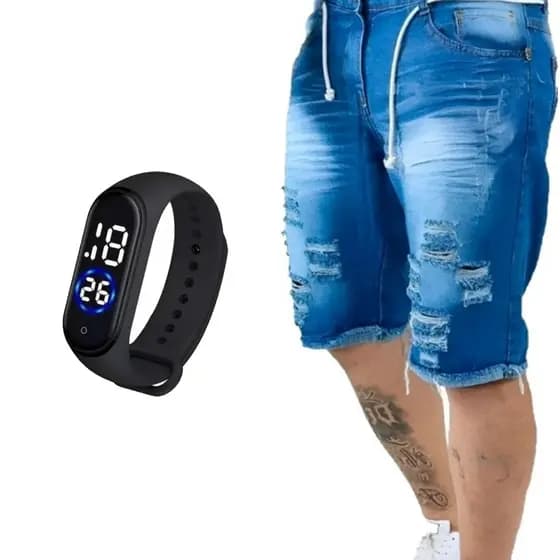 Bermuda Jeans Short Masculino Rasgado Jeans Escuro + Relógio Esportivo A Prova D'Água