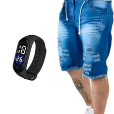 Bermuda Jeans Short Masculino Rasgado Jeans Escuro + Relógio Esportivo A Prova D'Água