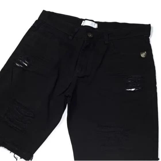 Bermuda Jeans Masculina Preta Rasgada Desfiada Shorts De Alta Qualidade