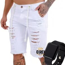 Bermuda Jeans Branca Rasgada Ano Novo + Relógio Digital Led Preto