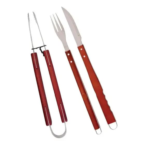Kit Churrasqueiro Facas de Churrasco Pegador De Carne Garfo Trinchante Aço Inox Cabo Madeira