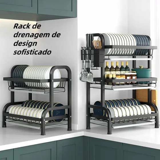 Escorredor Organizador de Louças 2 andar 3 andar Preto Aço Inoxidável Rack