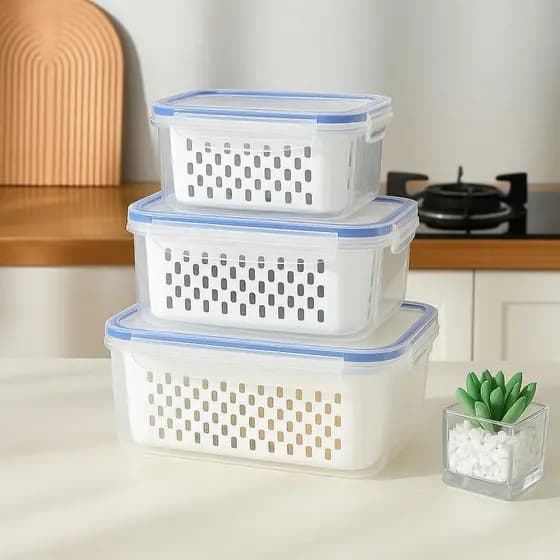 Kit 3 potes herméticos de vedação segura e design empilhável para geladeira