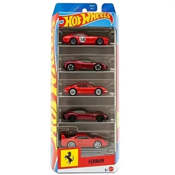 Hot Wheels Caixa com 5 Carros Ferrari Mattel JLN12