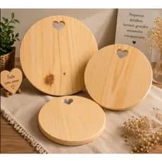 Trio Tábuas Redondas Madeira Pinus com Coração Petisqueira para Frios Queijos Decoração