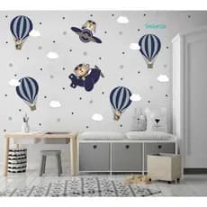 Adesivo De Parede decorativo urso Aviador E Balões Azul Marinho urso baloeiro