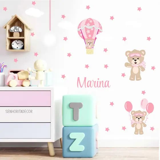 Adesivo De Parede Decorativo Infantil Ursinha Baloeira Bebê nome personalizado