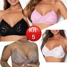 Kit 5 Sutiã Soutien Básico sem Bojo com Alças de Silicone e Detalhes Renda