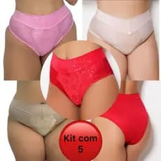 Kit com 5 Calçola Calcinha Tangão Cintura Alta Lycra Rosset Rossete Cós Alto