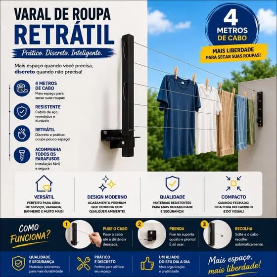 Varal Retrátil Parede Dobrável Roupa Apartamento Lavanderia 4 Metros Cabo Aço Com Suporte