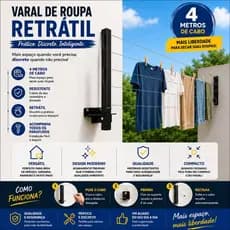 Varal Retrátil Parede Dobrável Roupa Apartamento Lavanderia 4 Metros Cabo Aço Com Suporte