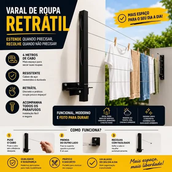 Varal De Roupa Retrátil Parede 4 Metros Cabo Aço Reforçado Dobrável Com Kit Instalação