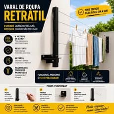 Varal De Roupa Retrátil Parede 4 Metros Cabo Aço Reforçado Dobrável Com Kit Instalação