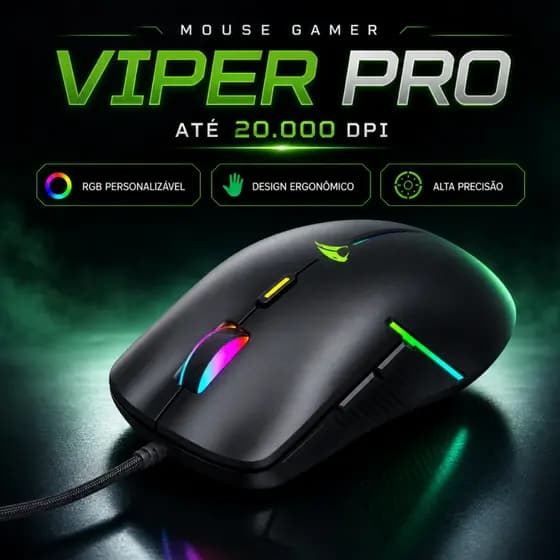 Mouse Gamer Vivensis Viper Pro Mamba 20000 DPI RGB 6 Botões 6 Velocidades USB Preto, Garantia