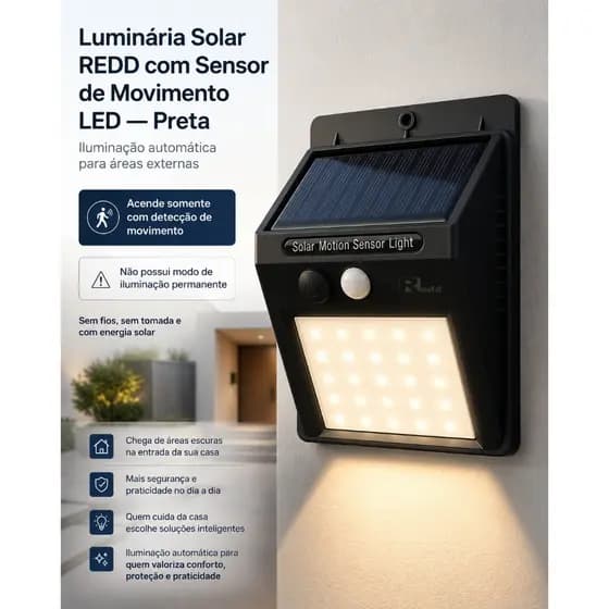 Luminária Solar LED Arandela Com Sensor de Movimento Para Parede Externa Sem Fio REDD Preta 3,7W