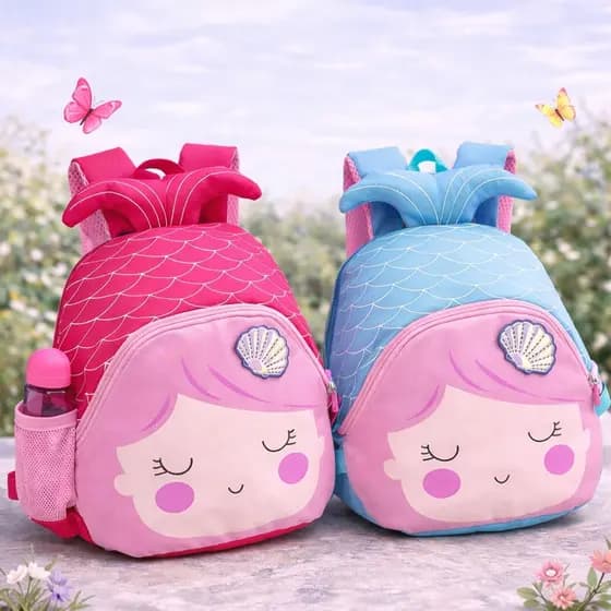 Mochila com alças escolar pequena de sereia p/ meninas cor azul ou rosa ideal para passeios escolares, viagens, creches.