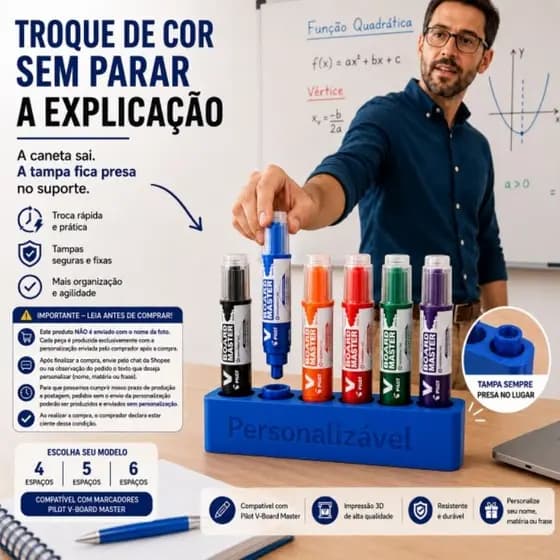 PORTA CANETAO MARCADOR QUADRO  BRANCO PERSONALIZADO | SUPORTE 3 4 5 6 CANETAS PILOT V-BOARD MASTER