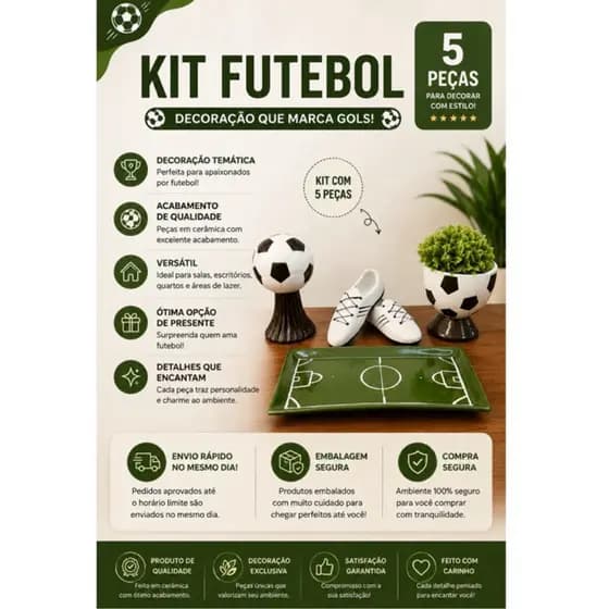 Kit Decoração Futebol Cerâmica Festa Aniversário Chuteira Campo Vaso Bola Pedestal Bola Kit Festa  .