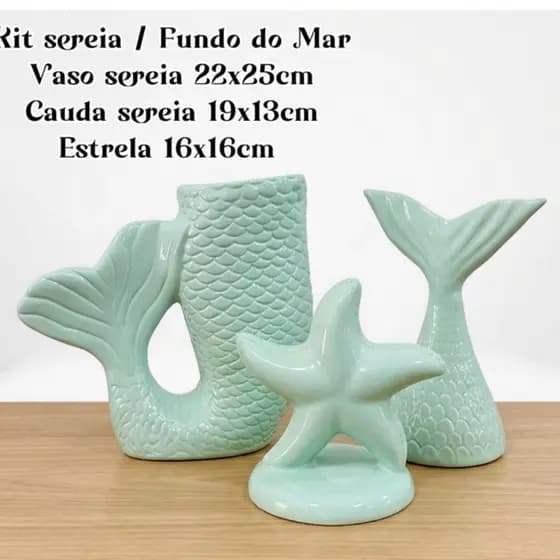 Kit Sereia Cerâmica Decoração de Festa Infantil Calda Rabo Sereia Vaso Sereia Estrela do Mar Luxo