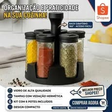 Porta Tempero Giratório - 6 Potes Vidro + Brinde Grátis