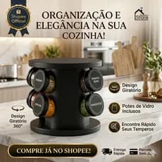 Porta Temperos Giratório 360° com 6 Potes Vidro 85ml + Brinde Grátis