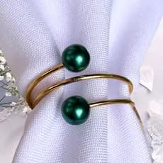 Kit 06 Anel de Guardanapo Metálico Dourado com Pérola Verde Mesa Posta