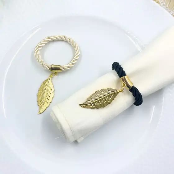 Kit com 6 ou 12  Anel Porta Guardanapo Mesa Posta Cordão com Folha Dourada