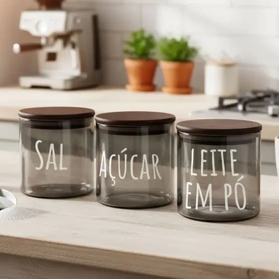 Pote Hermetico em Vidro Preto Espelhado Fumê com Tampa de Bambu Personalizado 600ml