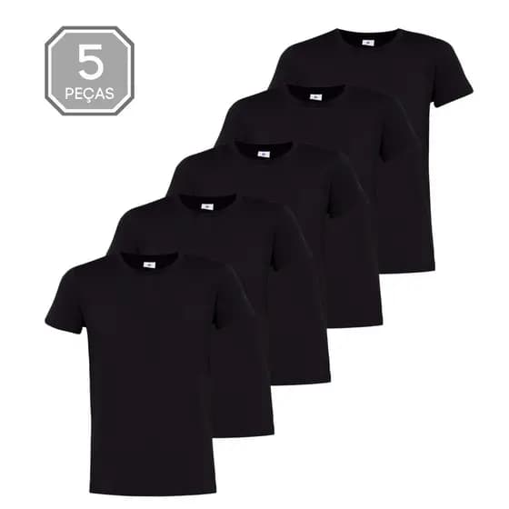 Kit 5 Camisetas Básicas Pretas Lisas Malha 100% Algodão