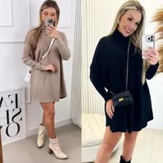 kit 2 vestidos ponchos de frio gola alta blusão inverno quentinho (BEGE E PRETO)
