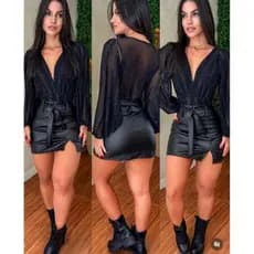 Body feminino preto tule brilhoso com fios de lurex manga longa