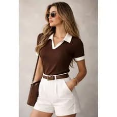 Camiseta Polo Feminina Bicolor Ribana Premium Elegante