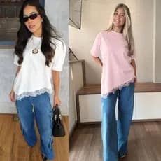 Max Blusão Tee assimétrica com renda na Barra blusa elegante